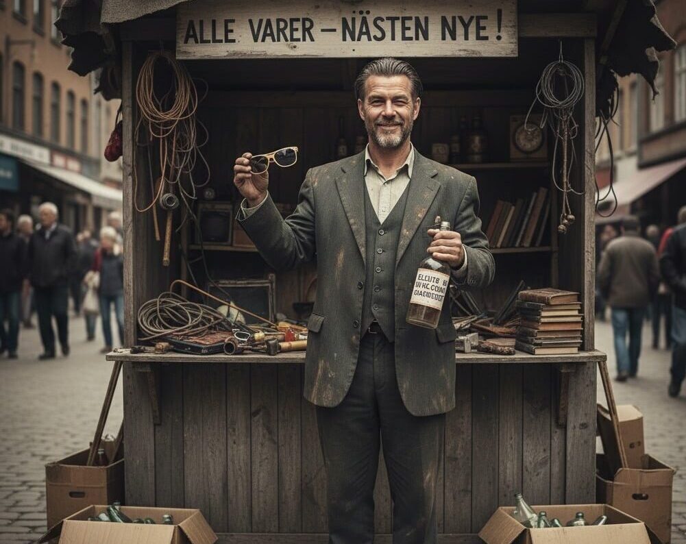 En smilende mand i jakkesæt står foran en markedsbod med et skilt, der siger "Alle varer - næsten nye!", og viser et par solbriller og en flaske frem.